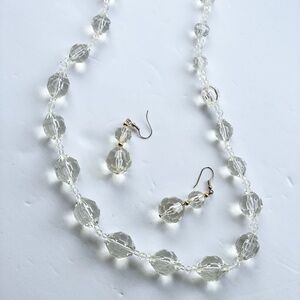 VINTAGE 24” HOBE CLEAR FACETED GLASS BEAD NECKLACE & DANGLE DROP EARRINGS SET